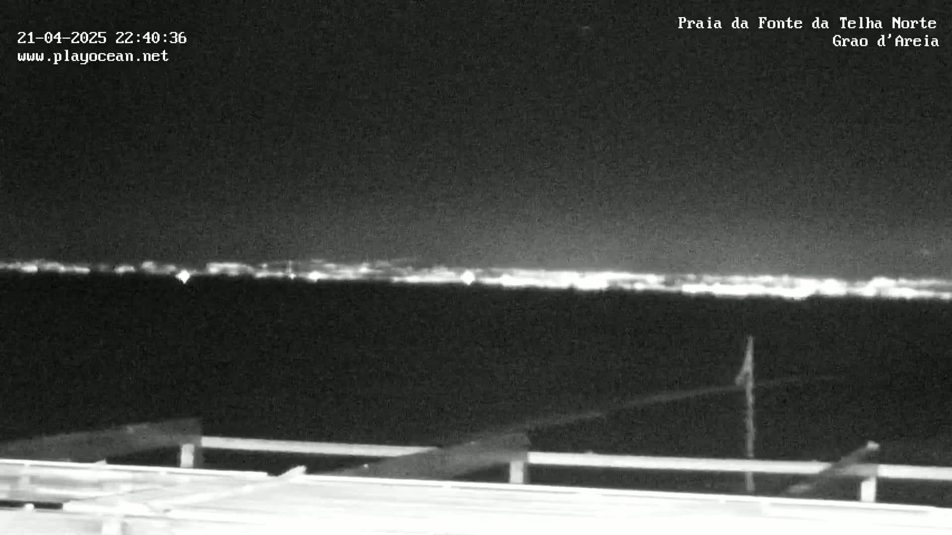 A nighttime, low-light view of a dark body of water with a distant, faintly lit shoreline.