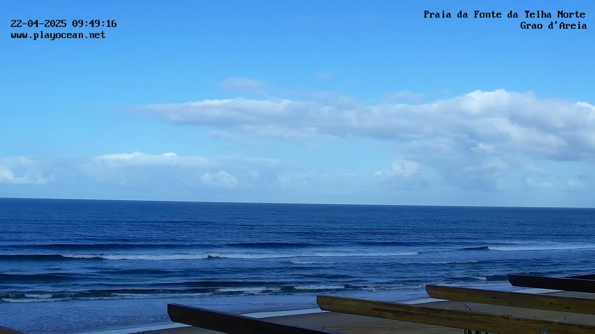 A mostly sunny day shows a calm ocean with small waves rolling onto a sandy beach, viewed from behind a wooden structure.