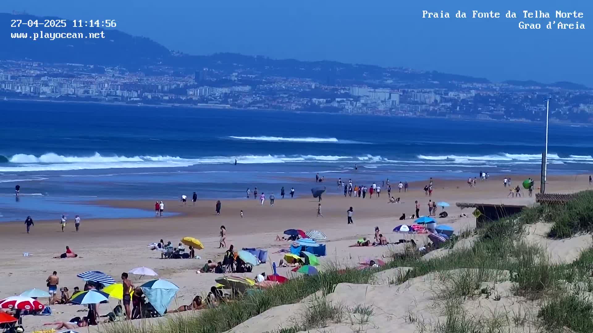 A sandy beach with many people under umbrellas, and a city visible in the distance across a wavy ocean under a clear sky.