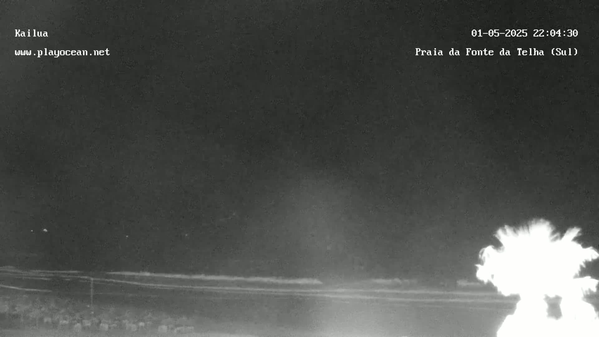 A nighttime, low-light view shows a dark ocean with waves breaking on a shore under a mostly clear sky.