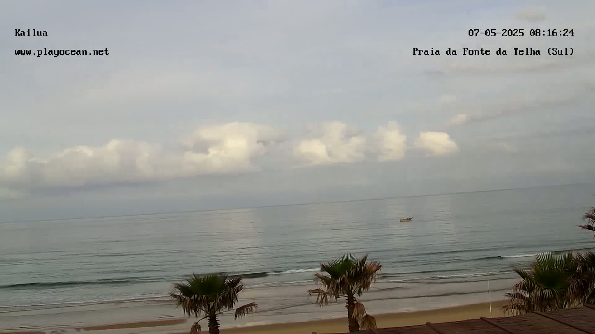A calm ocean with a sandy beach and palm trees under a mostly cloudy sky.