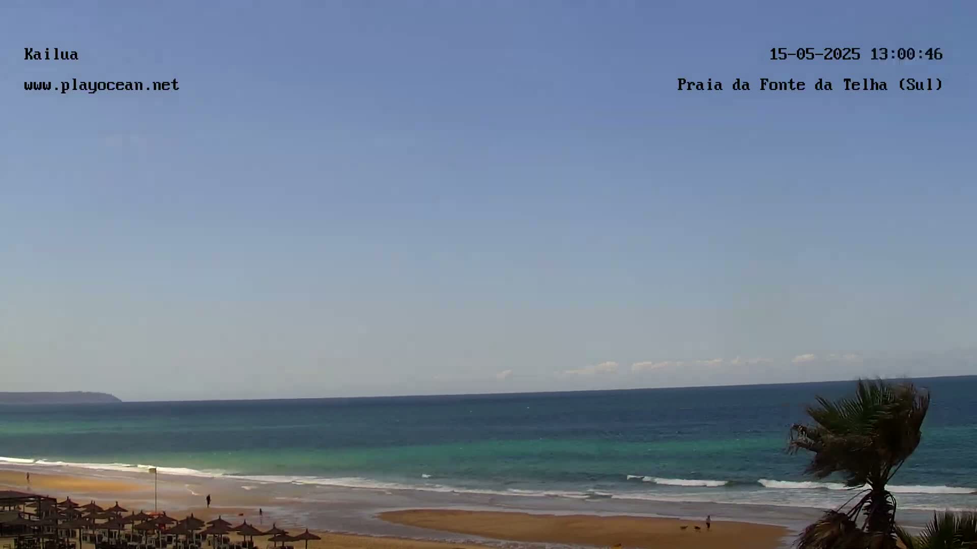 A sandy beach with calm, teal-colored ocean waves under a mostly clear, light blue sky is shown, with a few palm trees visible on the right.