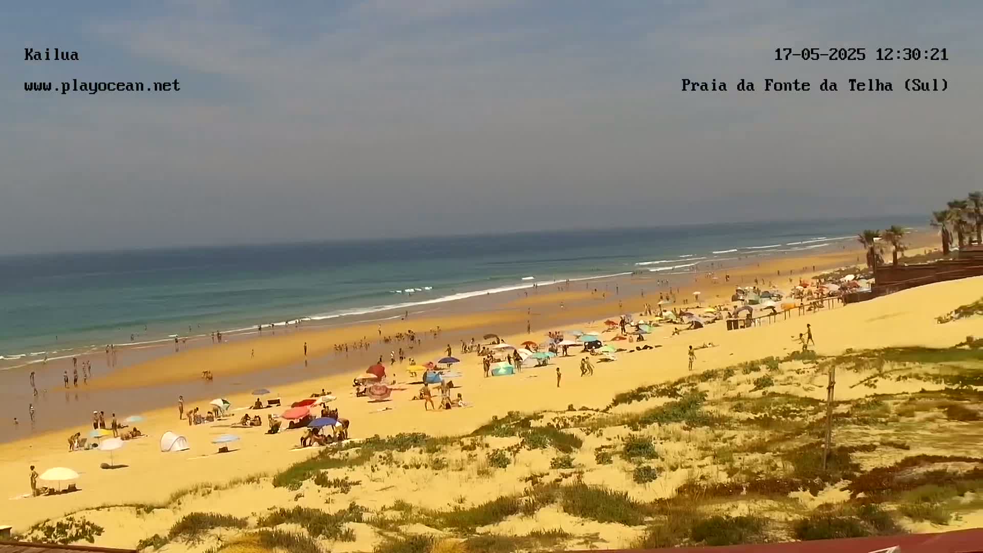 A sandy beach with many people under umbrellas, a calm ocean with small waves, and a sunny sky is seen from an elevated vantage point.