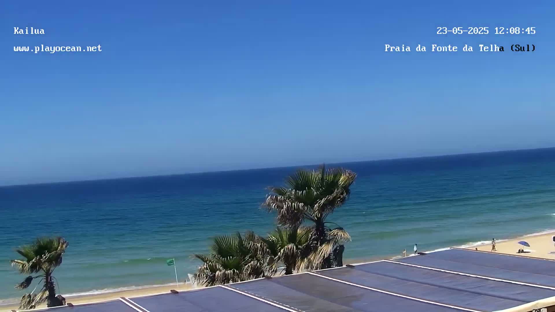 A sandy beach with calm ocean waves under a clear blue sky is viewed from above a building with a dark blue retractable roof, palm trees in the foreground.
