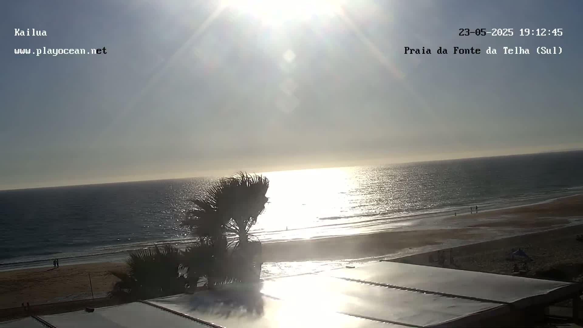 A sunny, late afternoon view of a beach with calm ocean waves and a few people visible on the shore, partially obscured by palm trees and a rooftop structure.