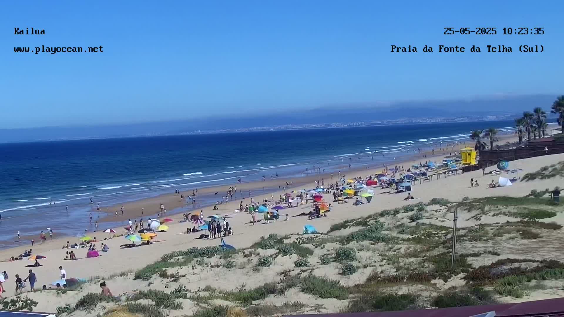 A sandy beach with numerous people and colorful umbrellas under a clear blue sky, with a calm ocean in the background.