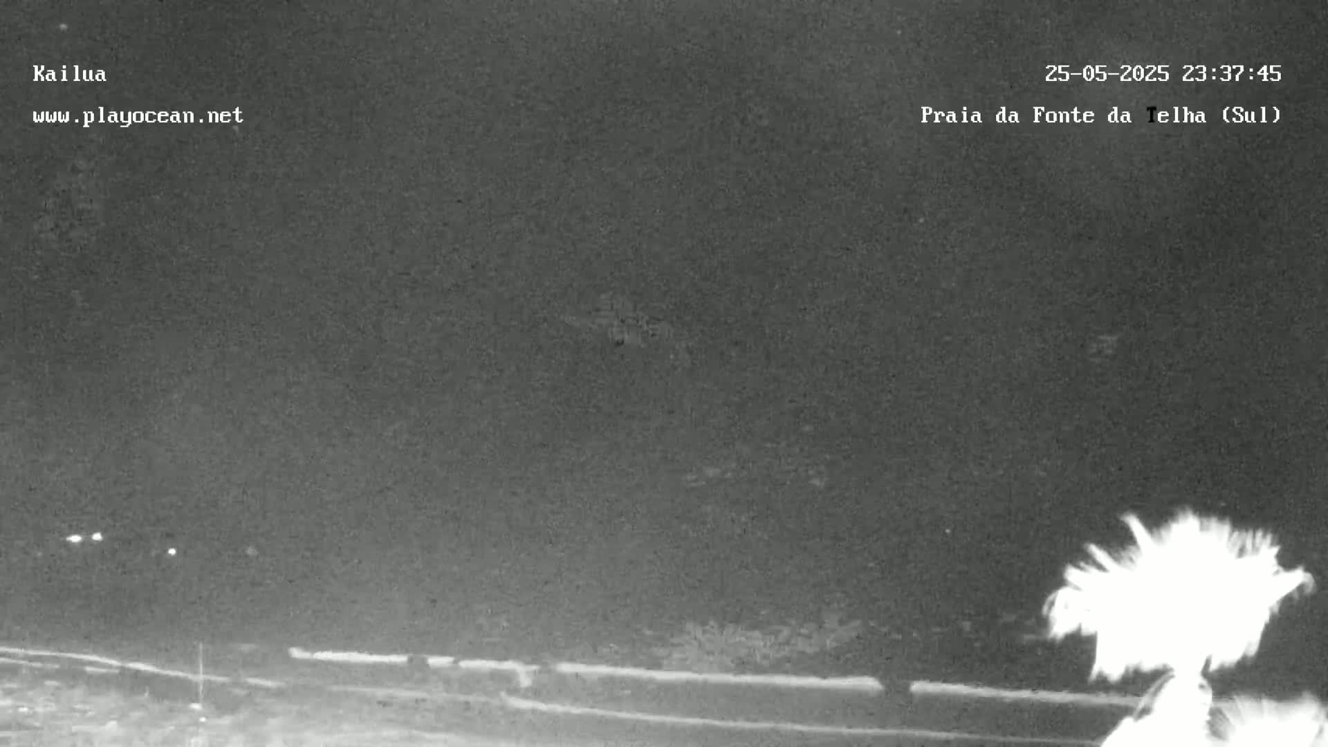 A nighttime, low-light view of a mostly dark landscape with a few faint lights in the distance and a bright, blurry object in the lower right corner.
