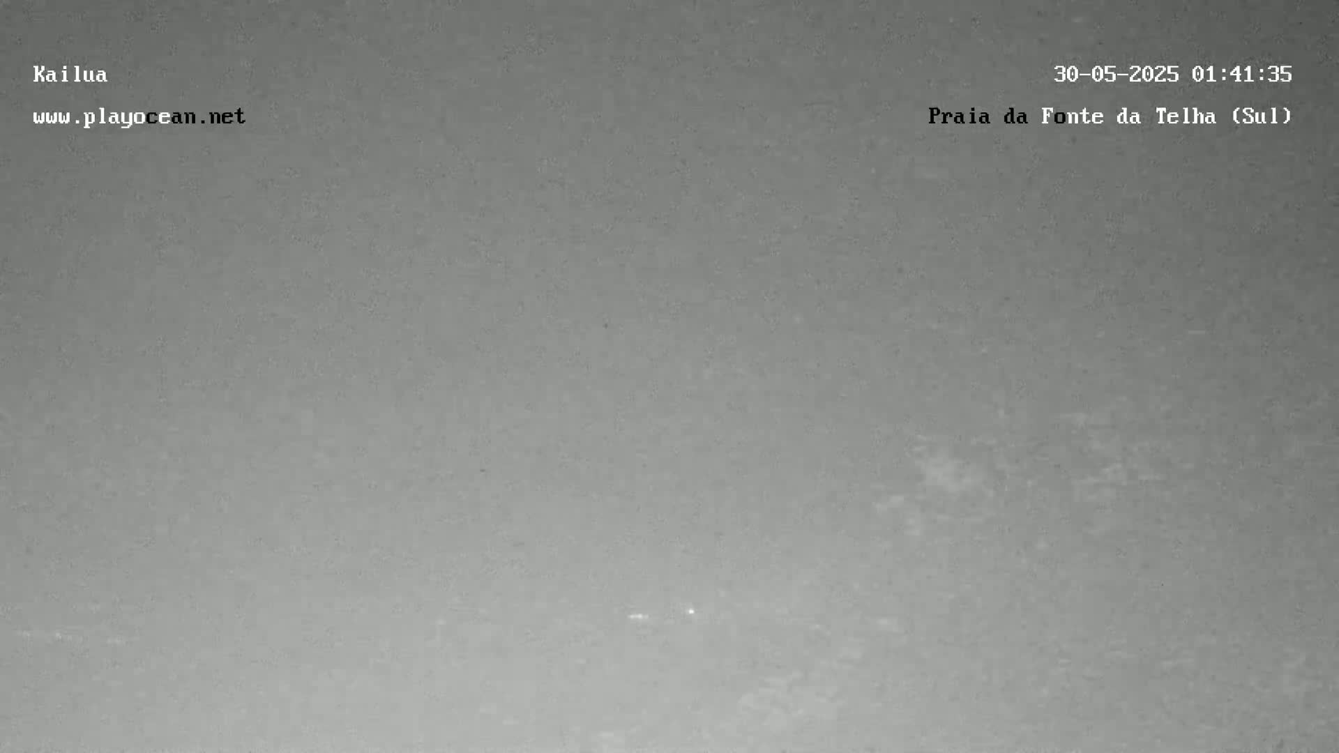 A nighttime, low-light image shows a mostly gray and featureless scene with a few faint lights visible in the distance.