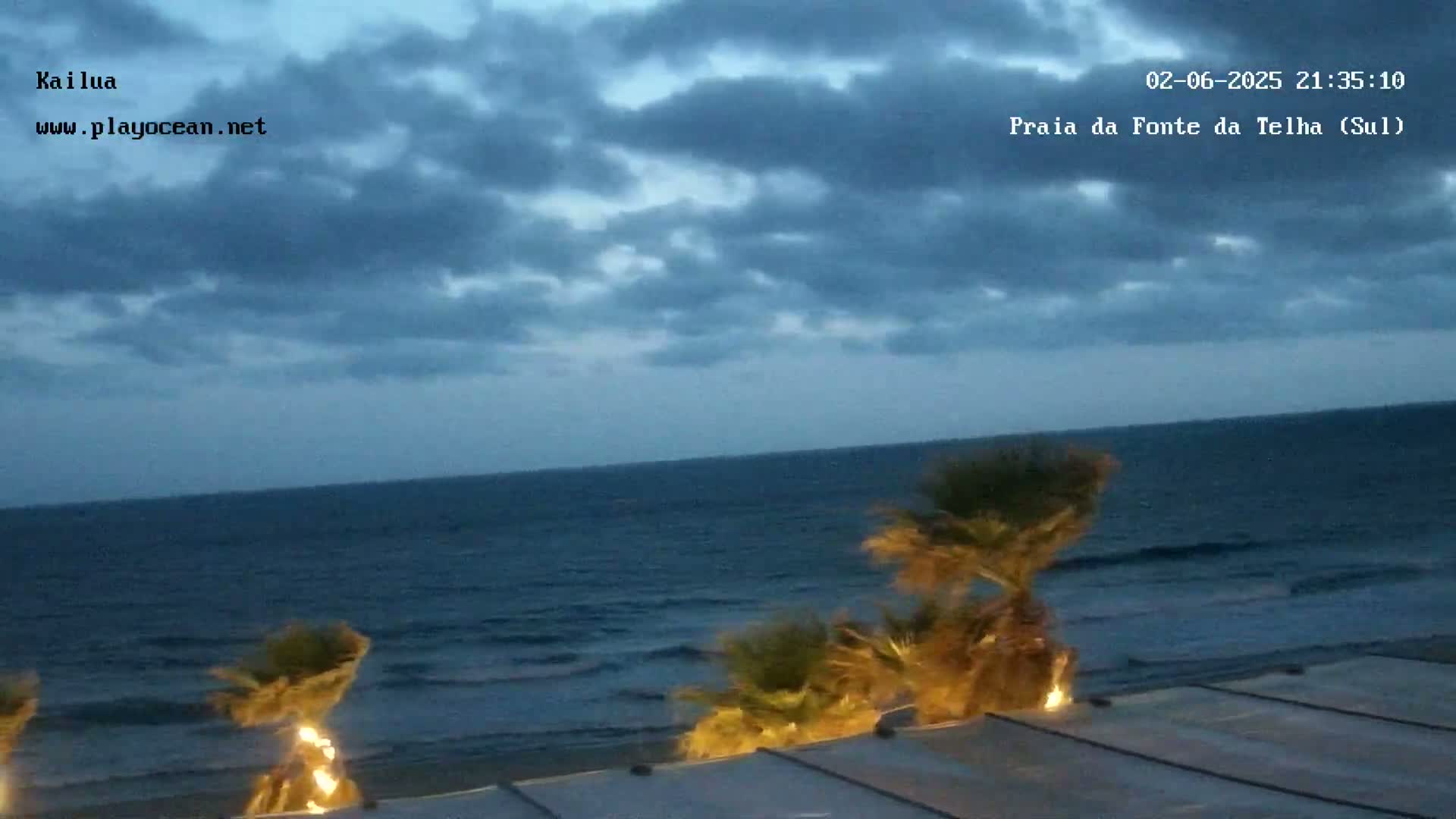 A nighttime ocean view shows a dark blue sea with small waves under a mostly cloudy sky, with palm trees illuminated by artificial lights in the foreground.