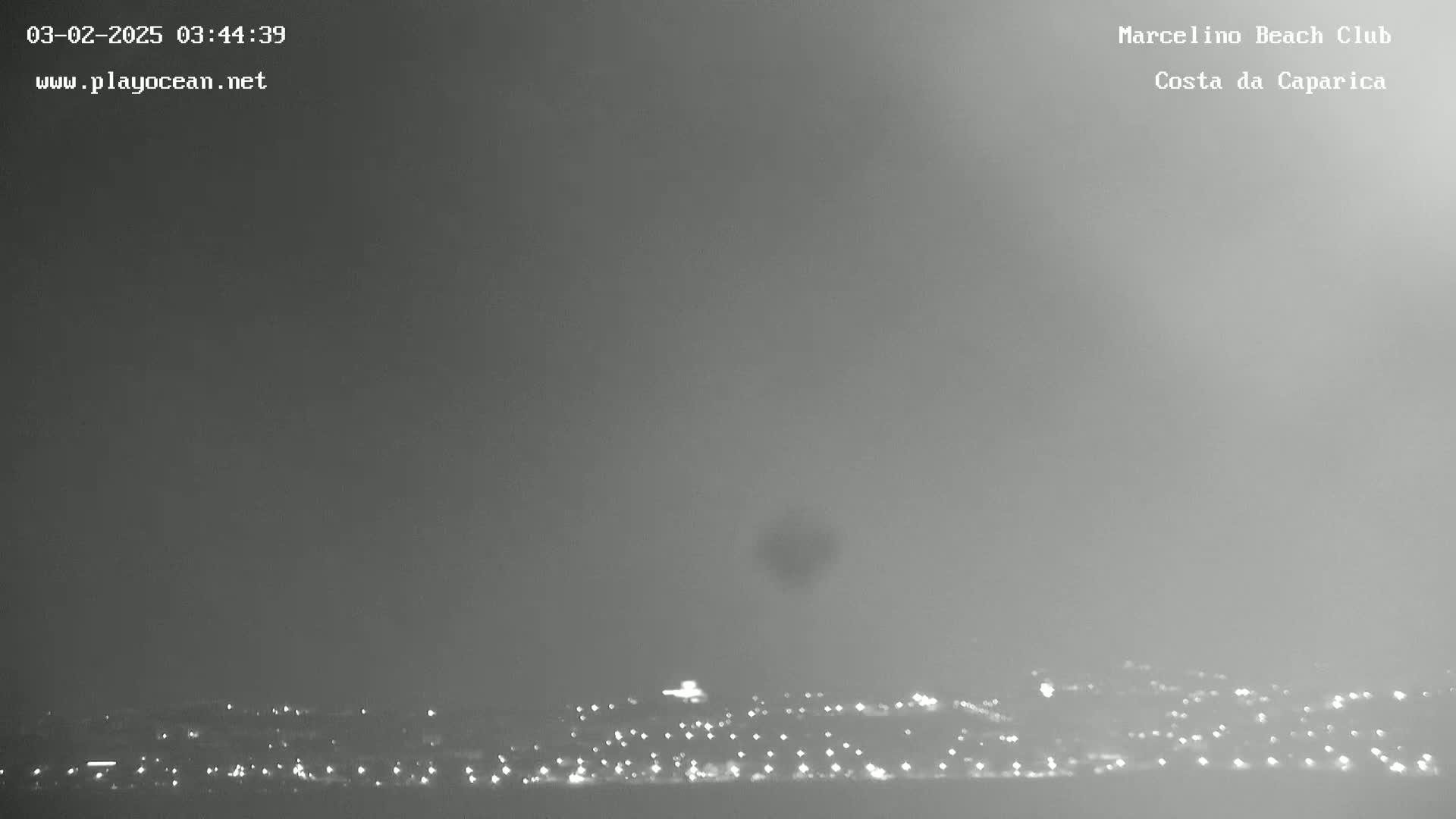 A hazy, dark nighttime scene shows a distant city skyline with scattered lights under a muted gray sky.