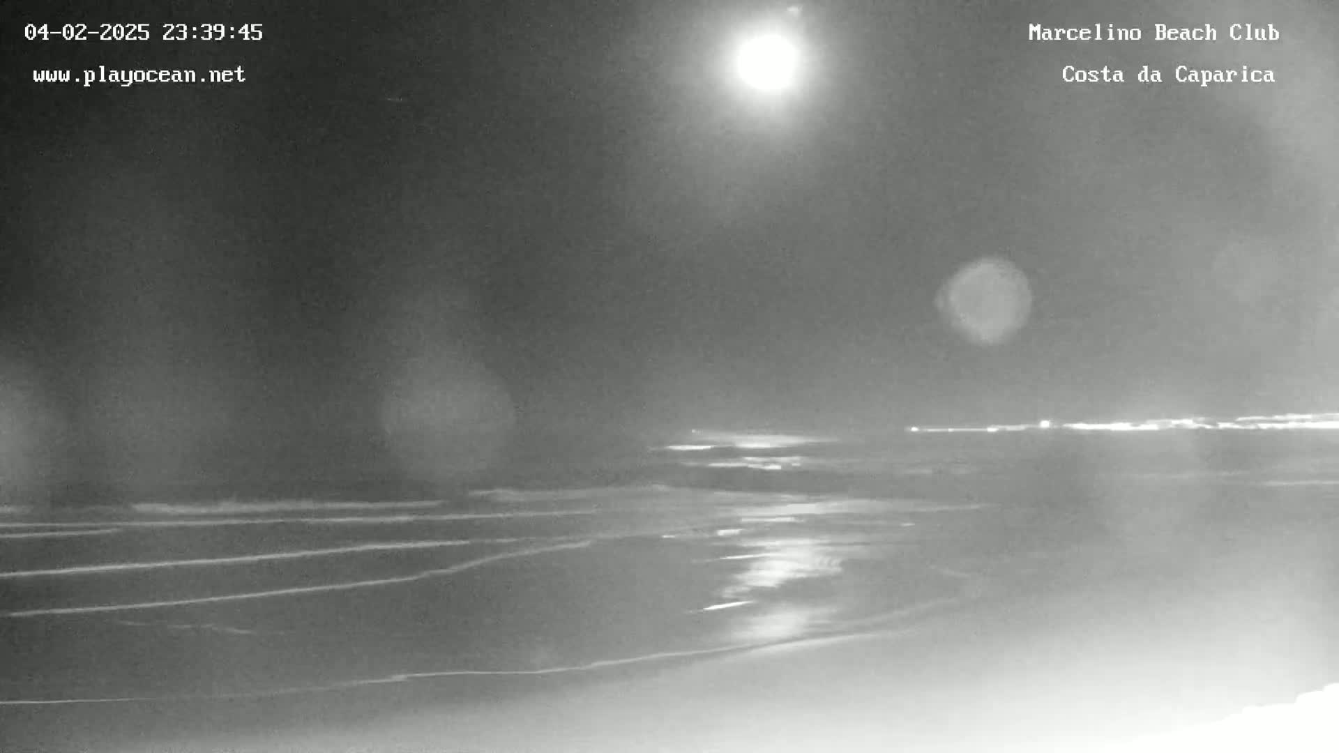 A nighttime, moonlit view of a beach with gently lapping waves.
