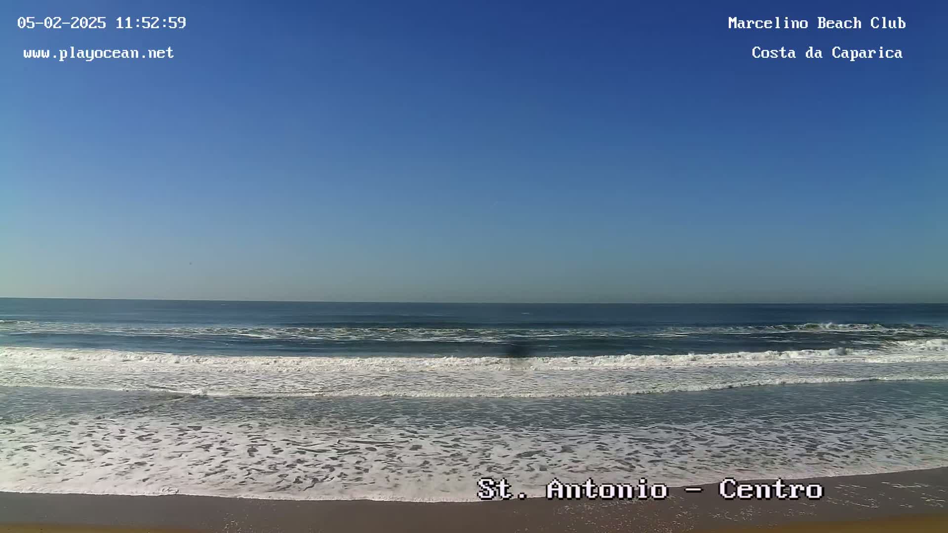 Under a clear blue sky, waves roll onto a sandy beach.