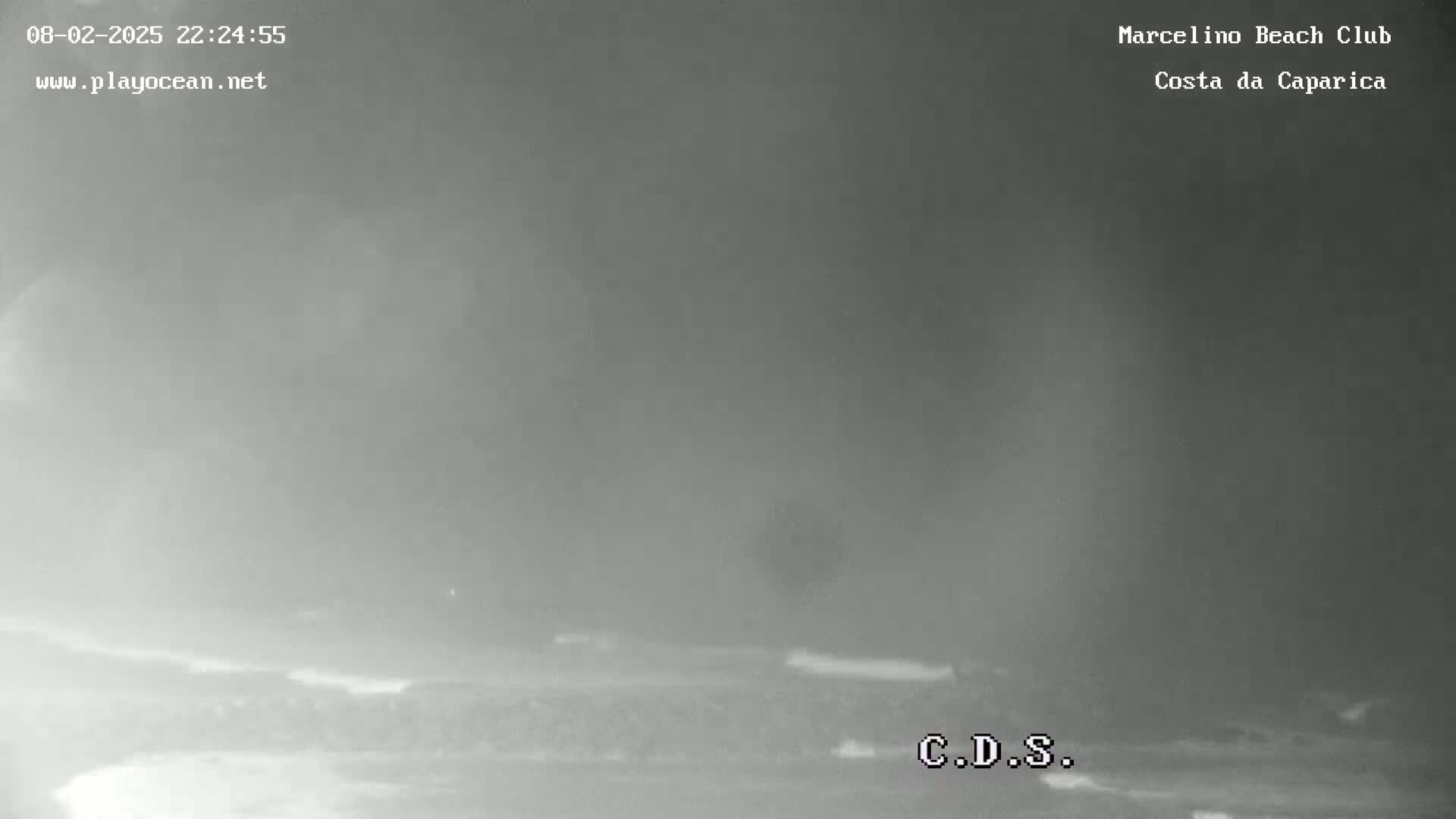 A grainy, nighttime image shows a hazy or foggy beach scene.