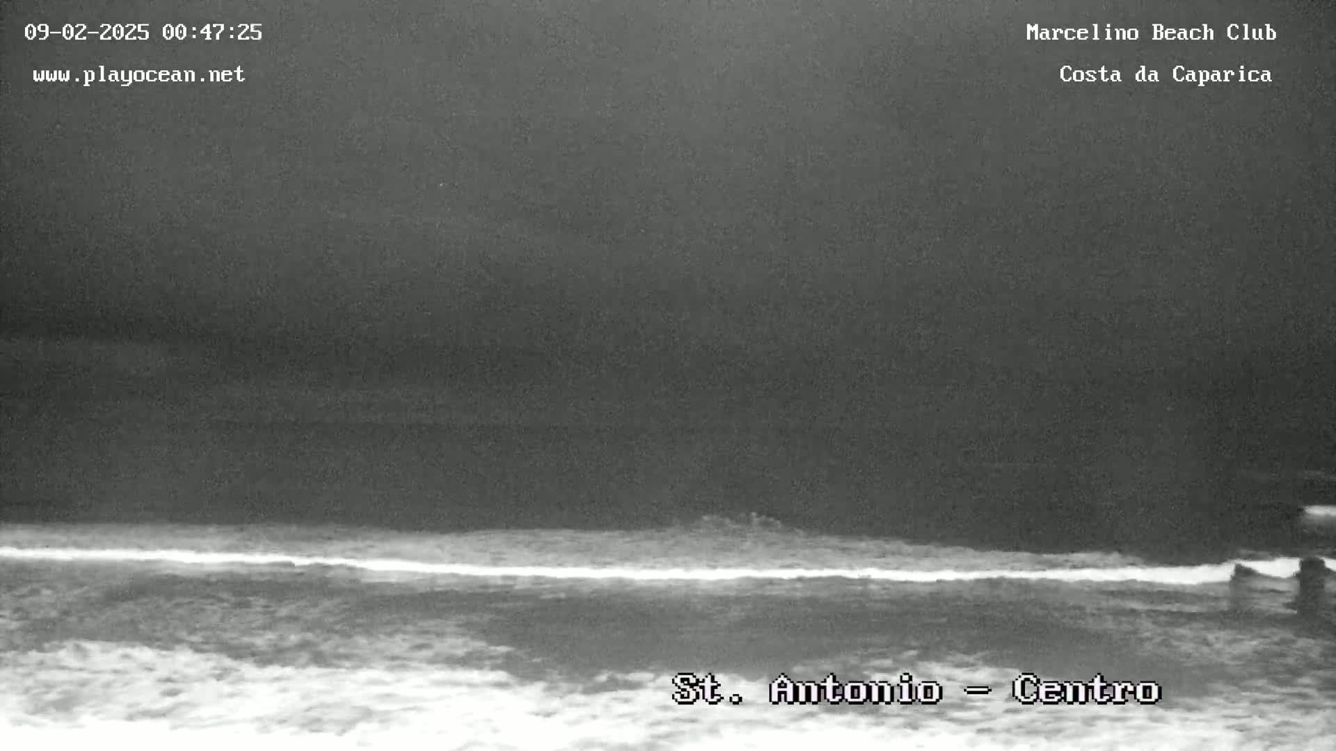 A nighttime, low-light view of a dark ocean meeting a sandy beach.