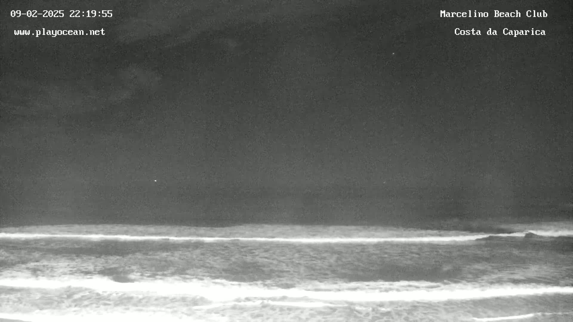 A nighttime, grayscale view of a wavy ocean under a dark sky.