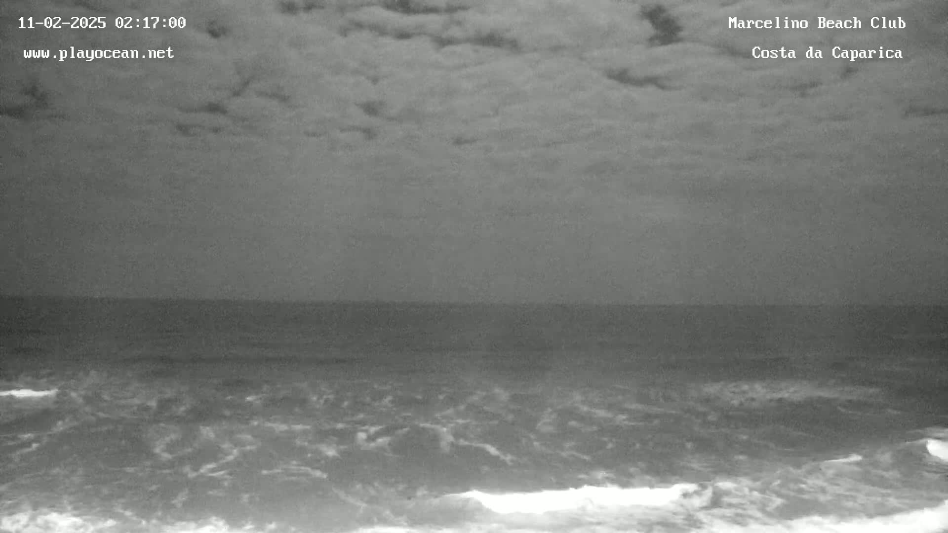 A nighttime, overcast view of a dark ocean with small waves crashing on the shore.