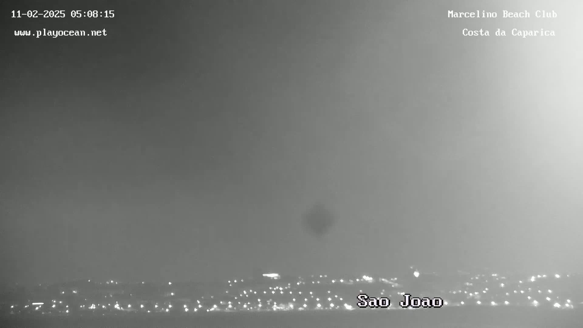 A hazy, nighttime view shows a distant city skyline illuminated by lights.