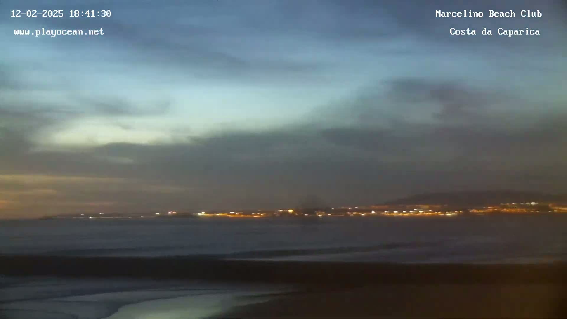 A dark, overcast sky hangs over a choppy ocean at dusk, with a distant city skyline faintly illuminated by lights.