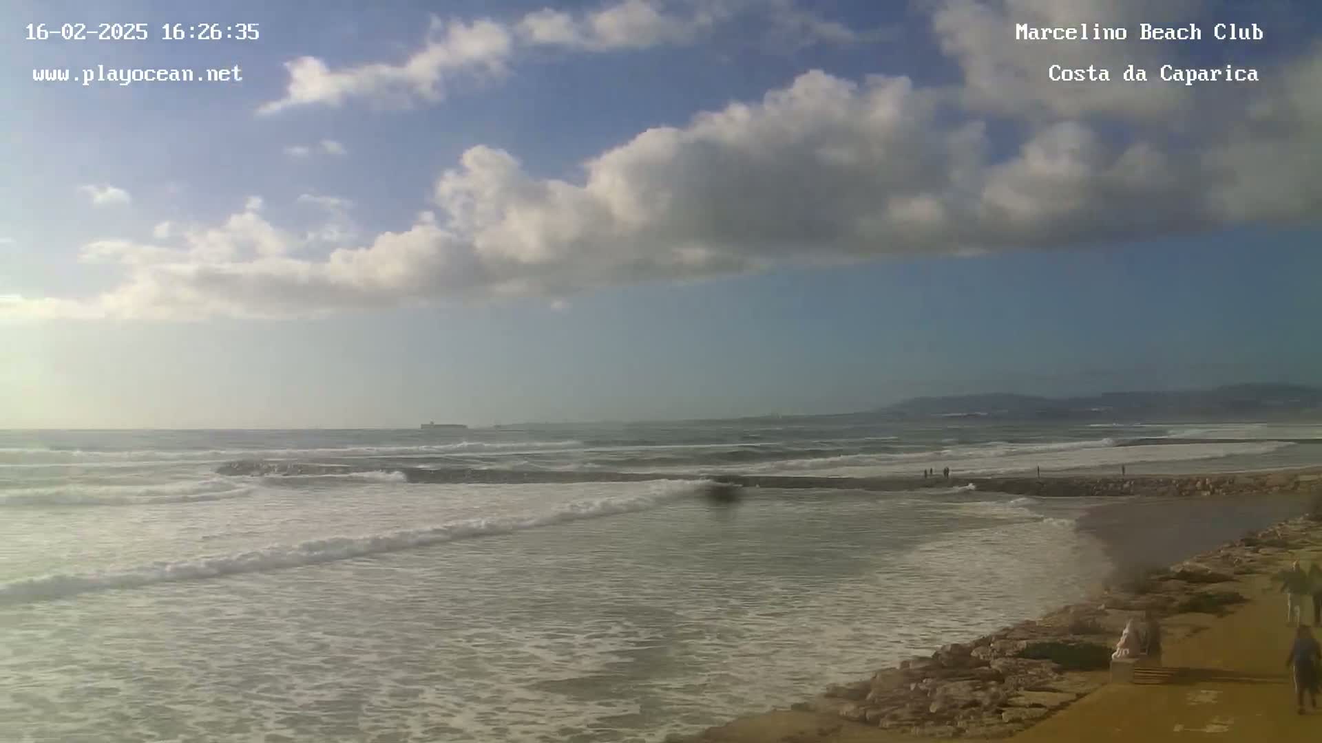 A partly cloudy day at a beach shows moderate waves breaking near a rocky shore where people are walking.