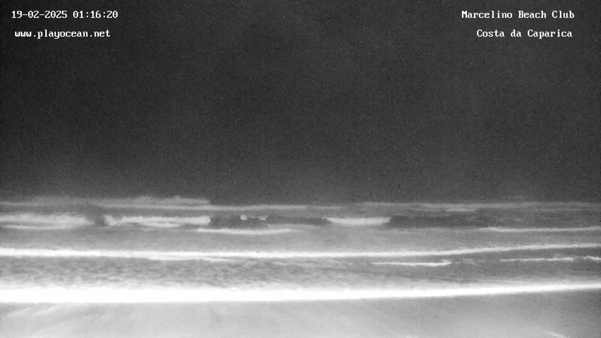 A nighttime, low-light image shows a dark ocean with waves breaking on a shore.