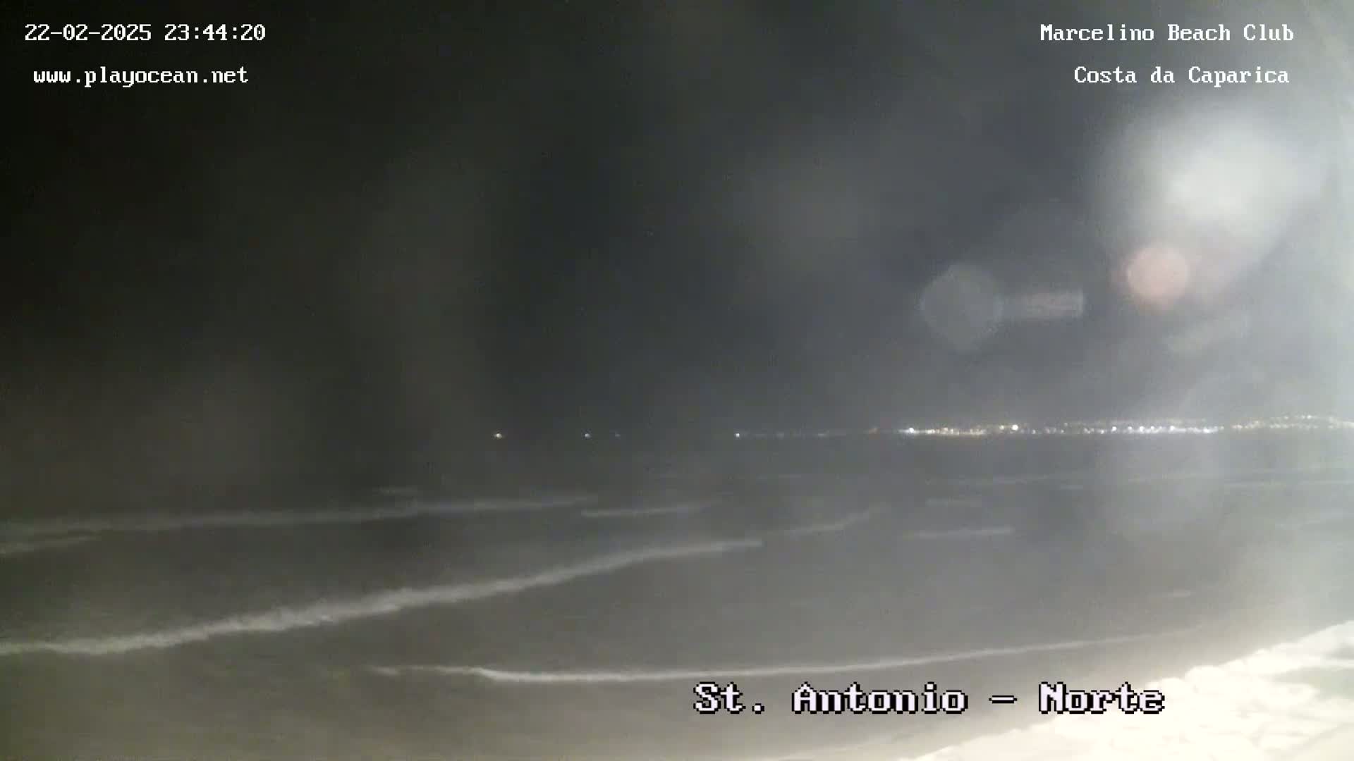 A nighttime view of a dark ocean with small waves lapping the shore, and a distant city skyline illuminated with lights.