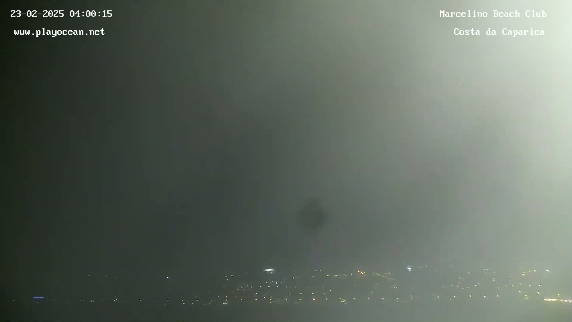 A hazy, dark view of a city at night is visible under a heavy fog.