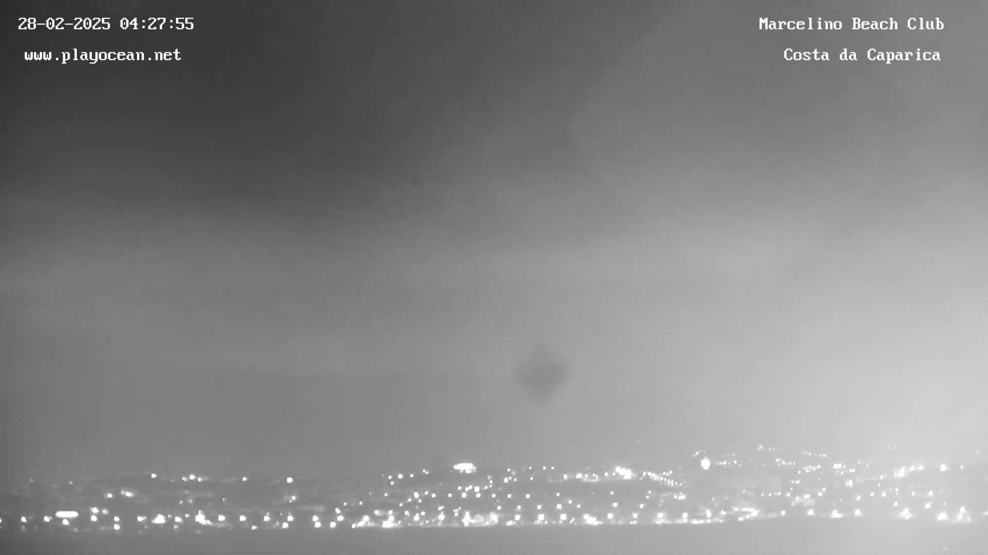A hazy, overcast night scene shows a distant city skyline illuminated by numerous lights.