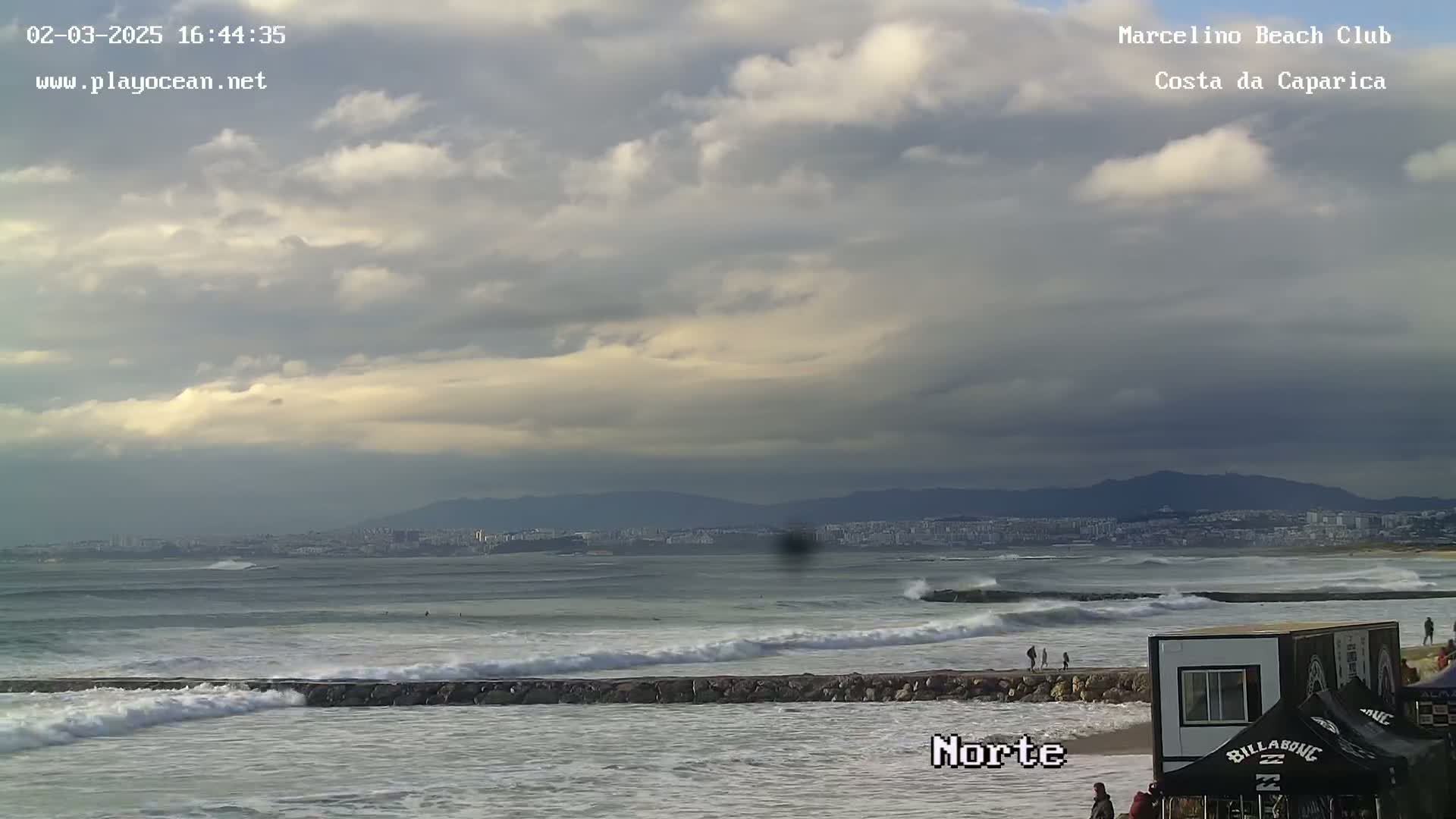 A partly cloudy day at a beach shows a rocky breakwater separating the shore from moderate waves, with a few people walking along the beach in the distance and mountains visible on the horizon.