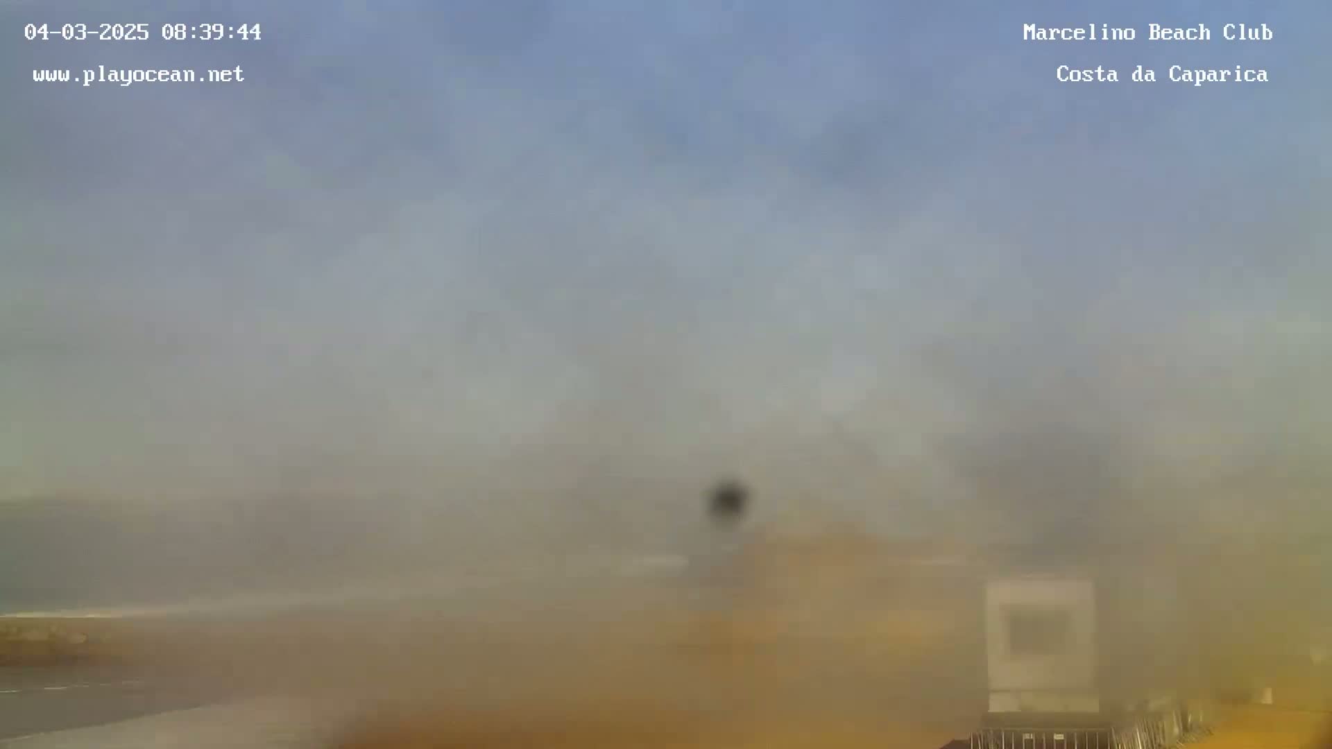 A hazy, foggy scene obscures a beach area, possibly near the ocean.