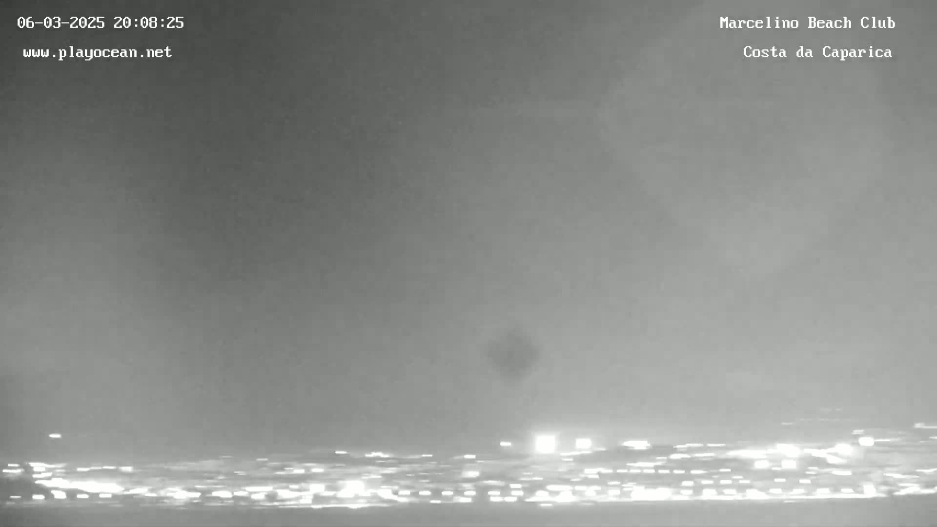 A hazy night scene shows a distant city skyline illuminated by lights under a gray sky.