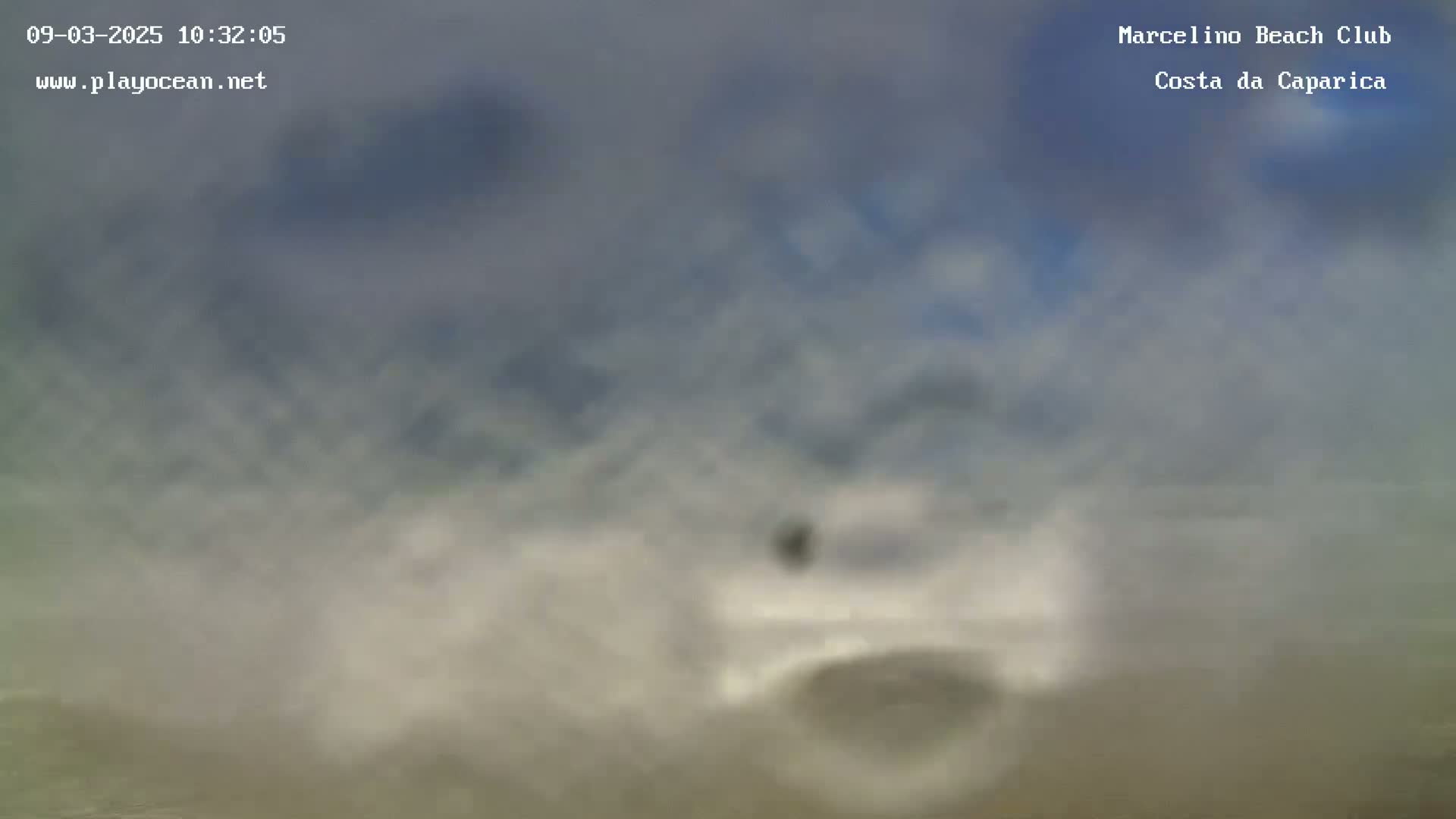 A blurry, overcast image shows a beach with a small dark object in the middle distance.