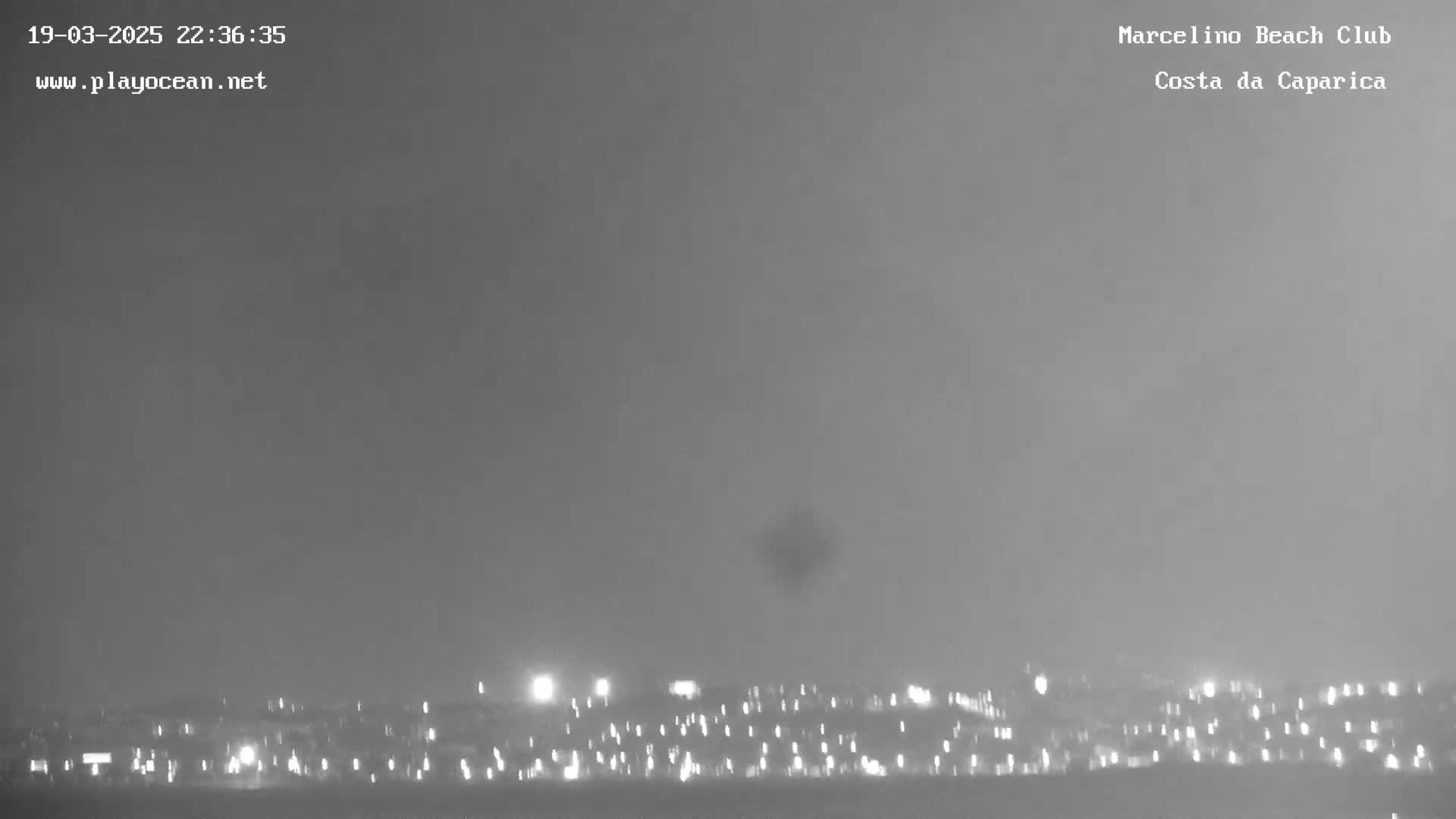 A hazy night scene shows a distant cityscape with faint lights under an overcast sky.