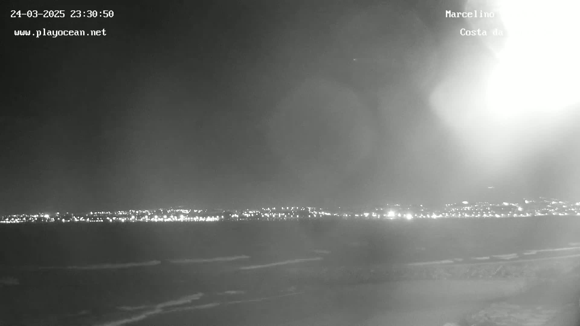 A nighttime, hazy view shows a distant city skyline illuminated with lights across a dark body of water.