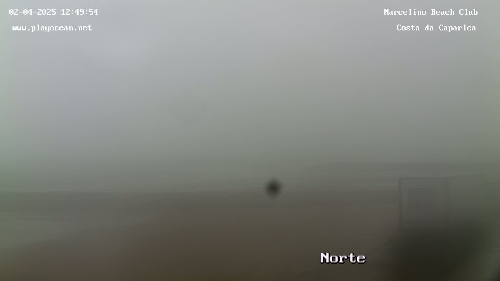 A very foggy or hazy outdoor scene shows a mostly featureless expanse of land or water extending to the horizon.