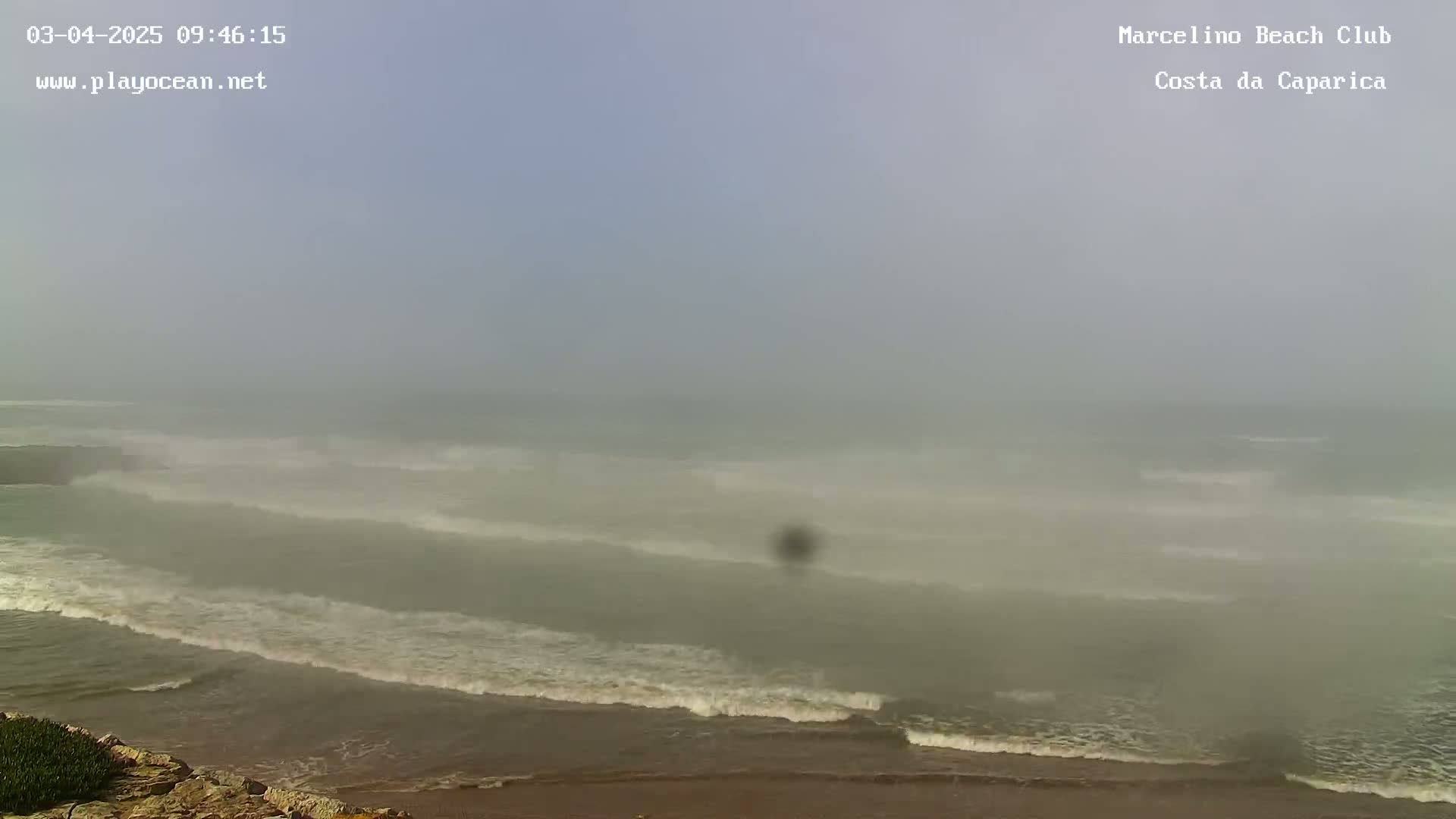 A foggy beach scene shows waves breaking on a sandy shore.