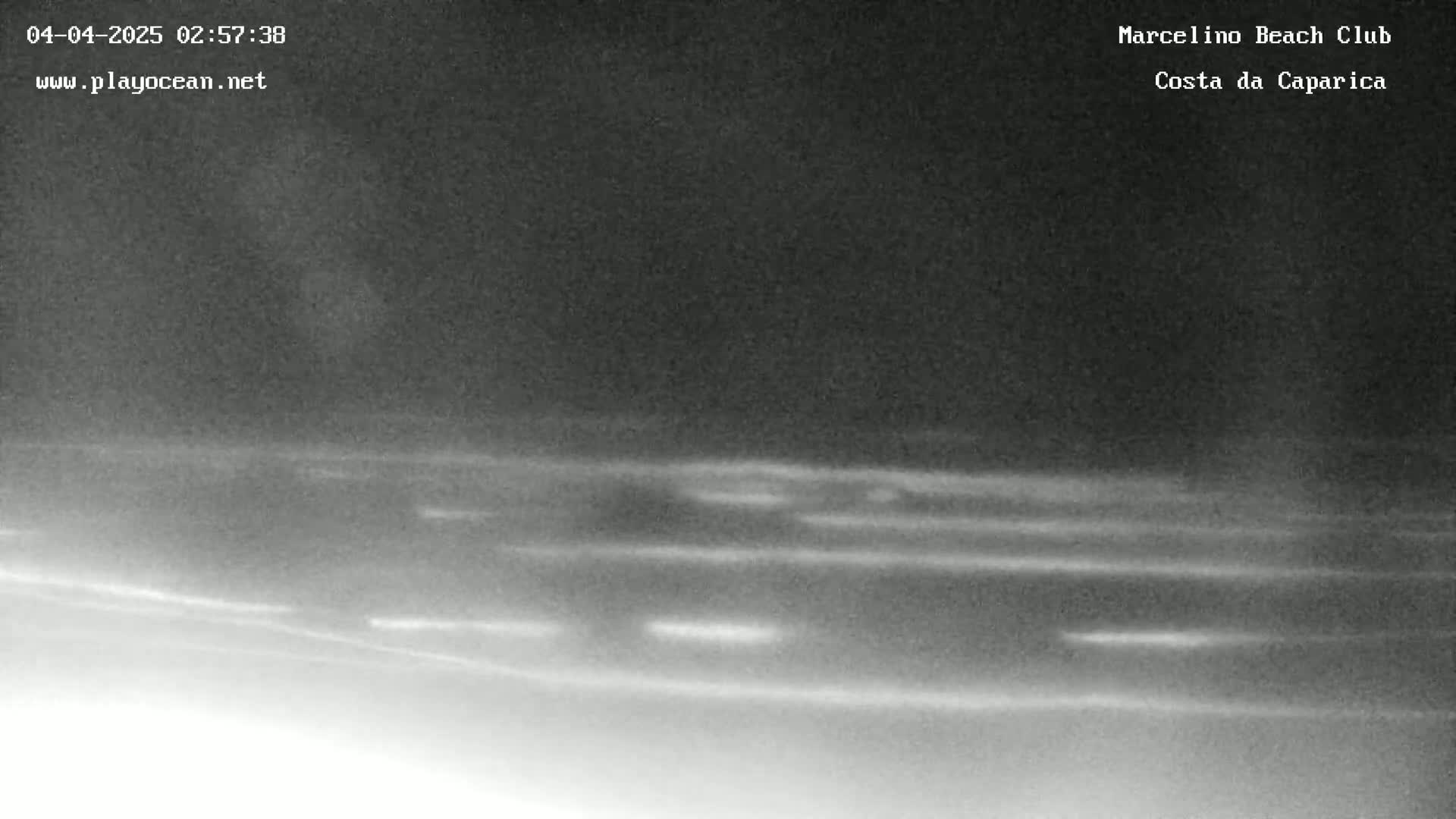 A nighttime, low-light image shows a dark beach and ocean under a dark sky.