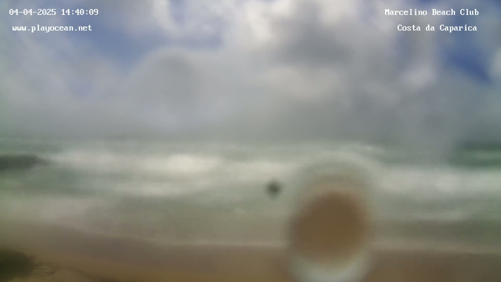 A blurry image shows a beach with cloudy skies and waves on the ocean.