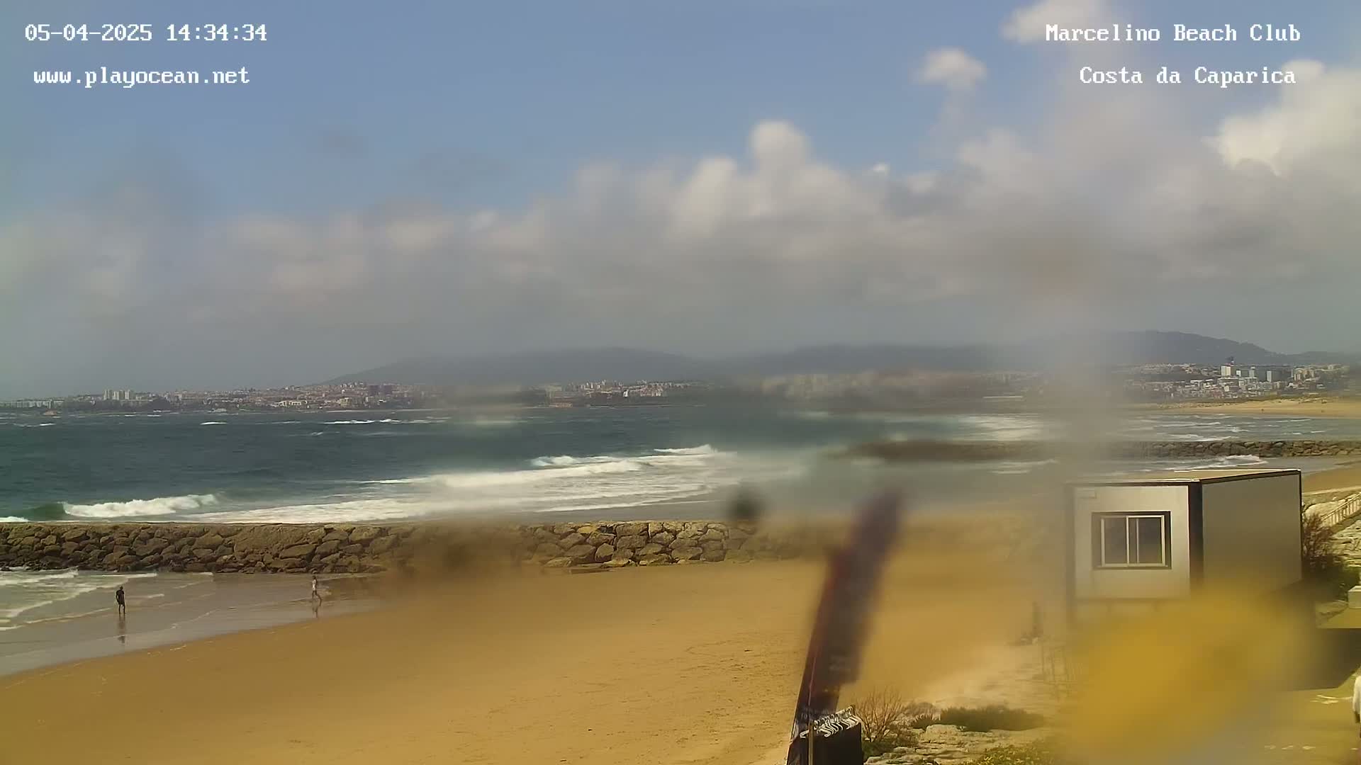 A partly cloudy day at a beach shows moderate waves breaking near a stone wall, with a distant cityscape visible across the water.