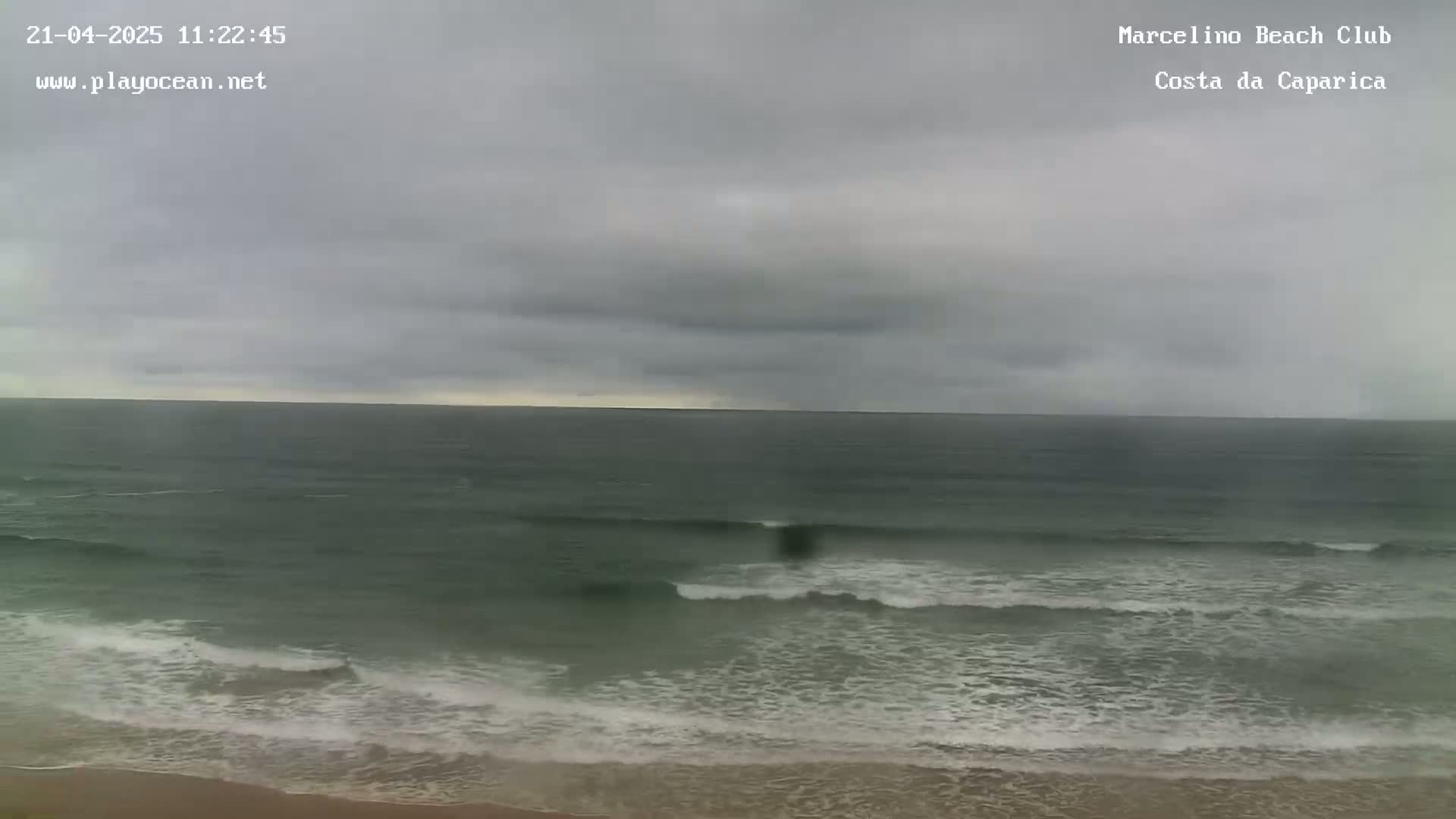 An overcast sky hangs over a dark, wavy ocean meeting a sandy beach.