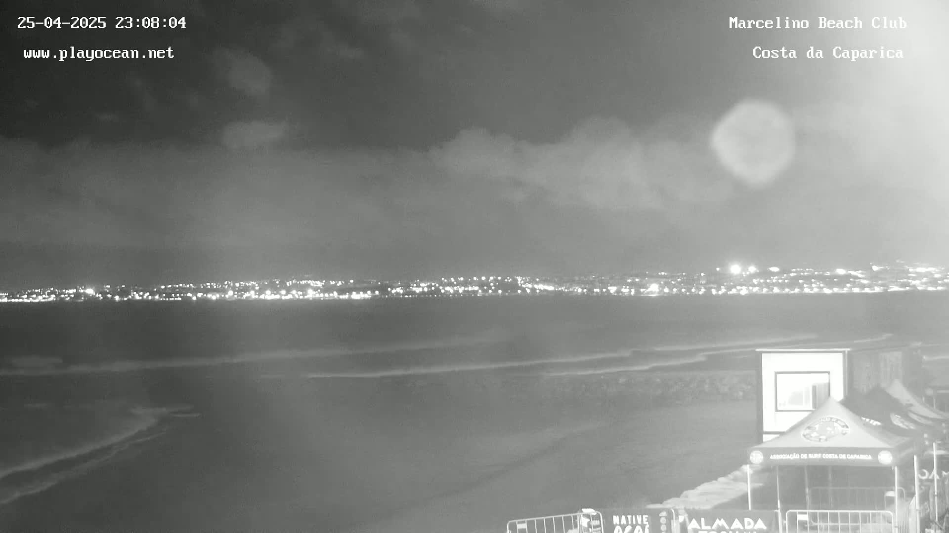 A nighttime, overcast view of a beach with a city skyline illuminated in the distance.