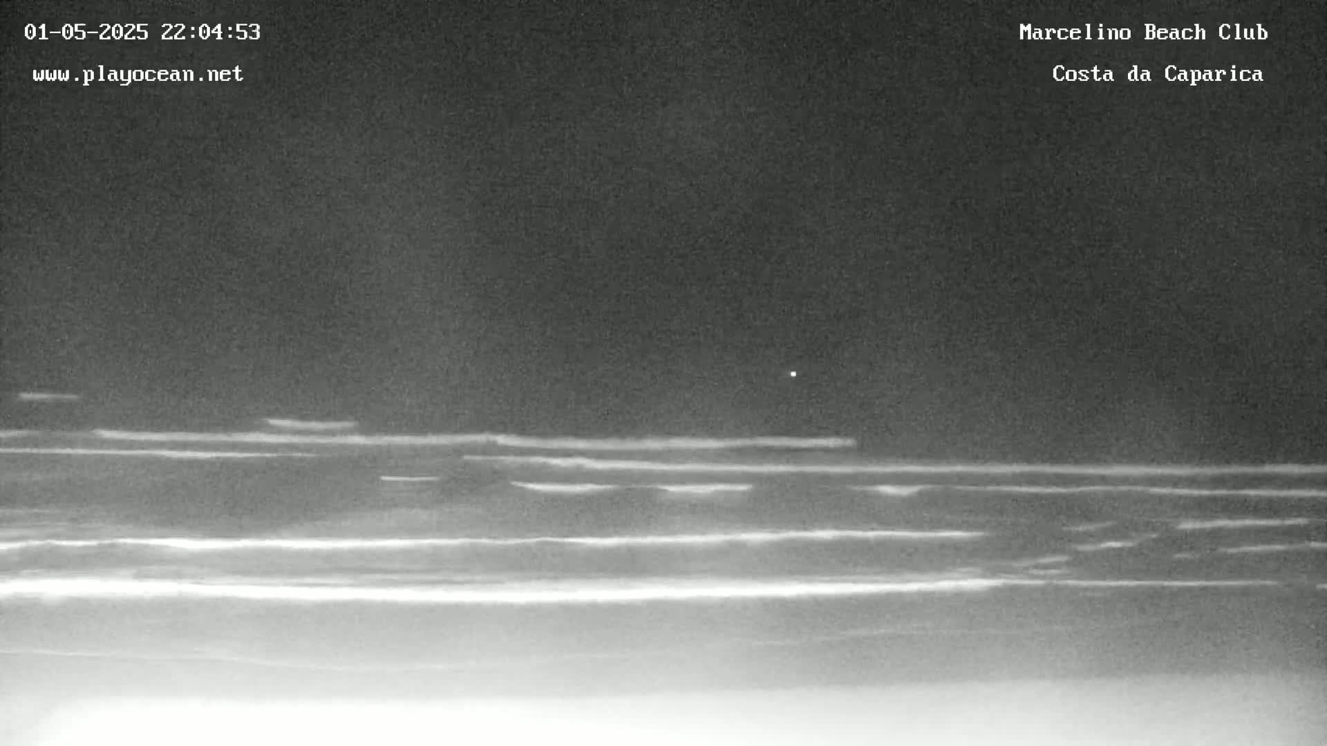 A nighttime view of dark ocean waves rolling onto a shore under a clear sky.