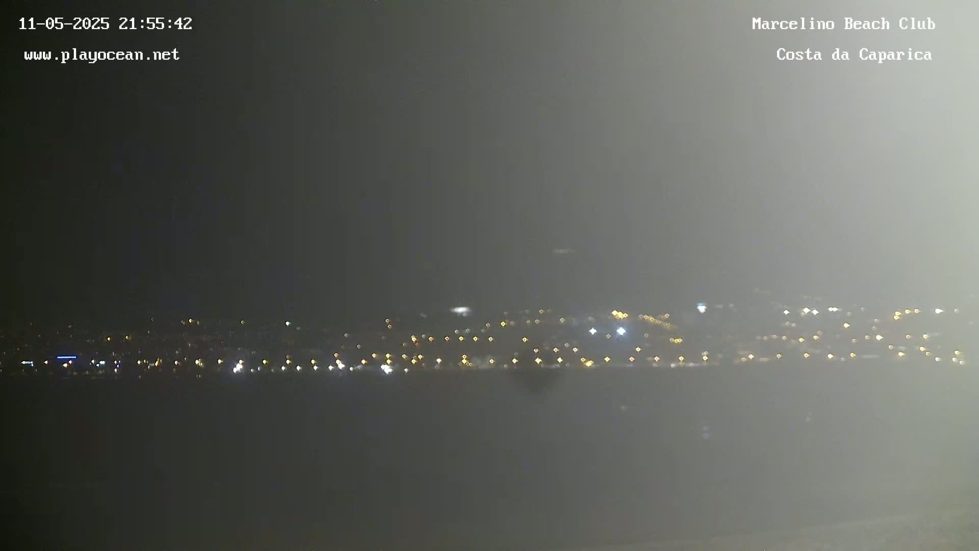 A hazy, nighttime view of a distant city skyline illuminated by scattered lights.