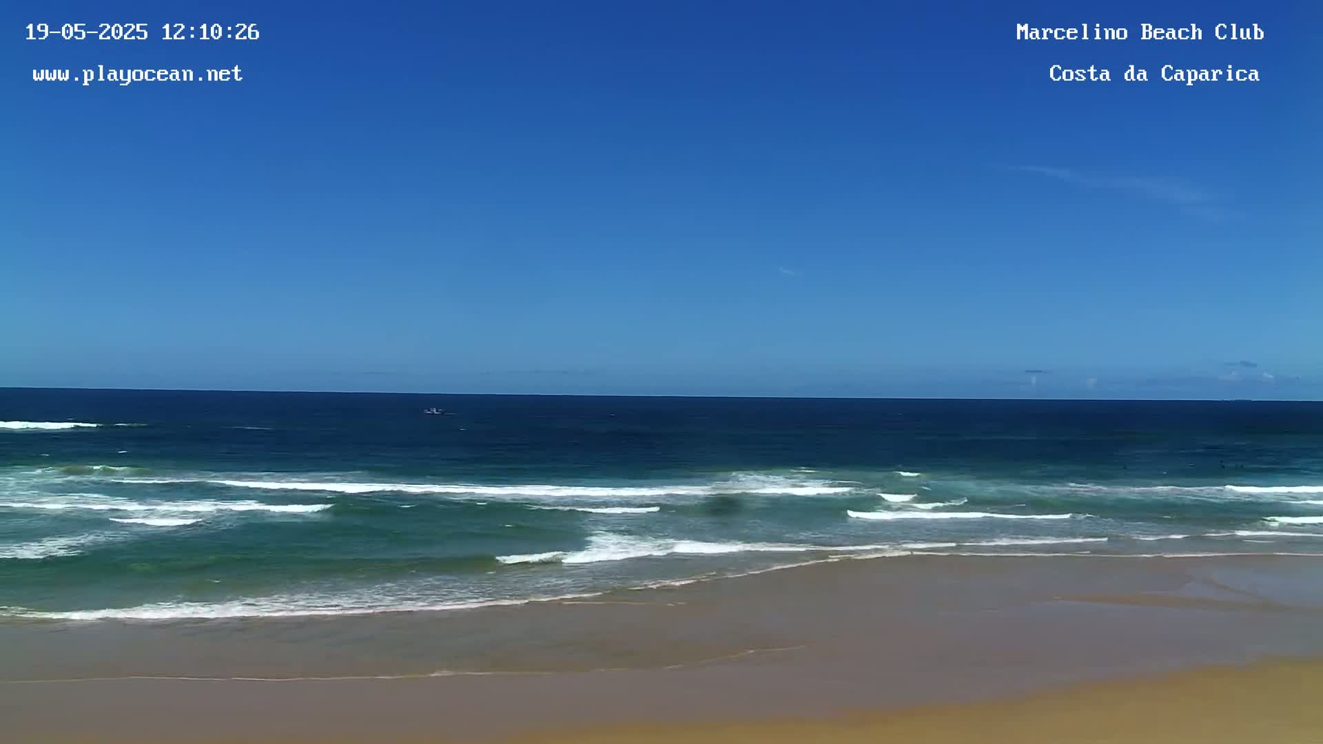 A sandy beach meets a dark-blue ocean with small waves under a clear blue sky.