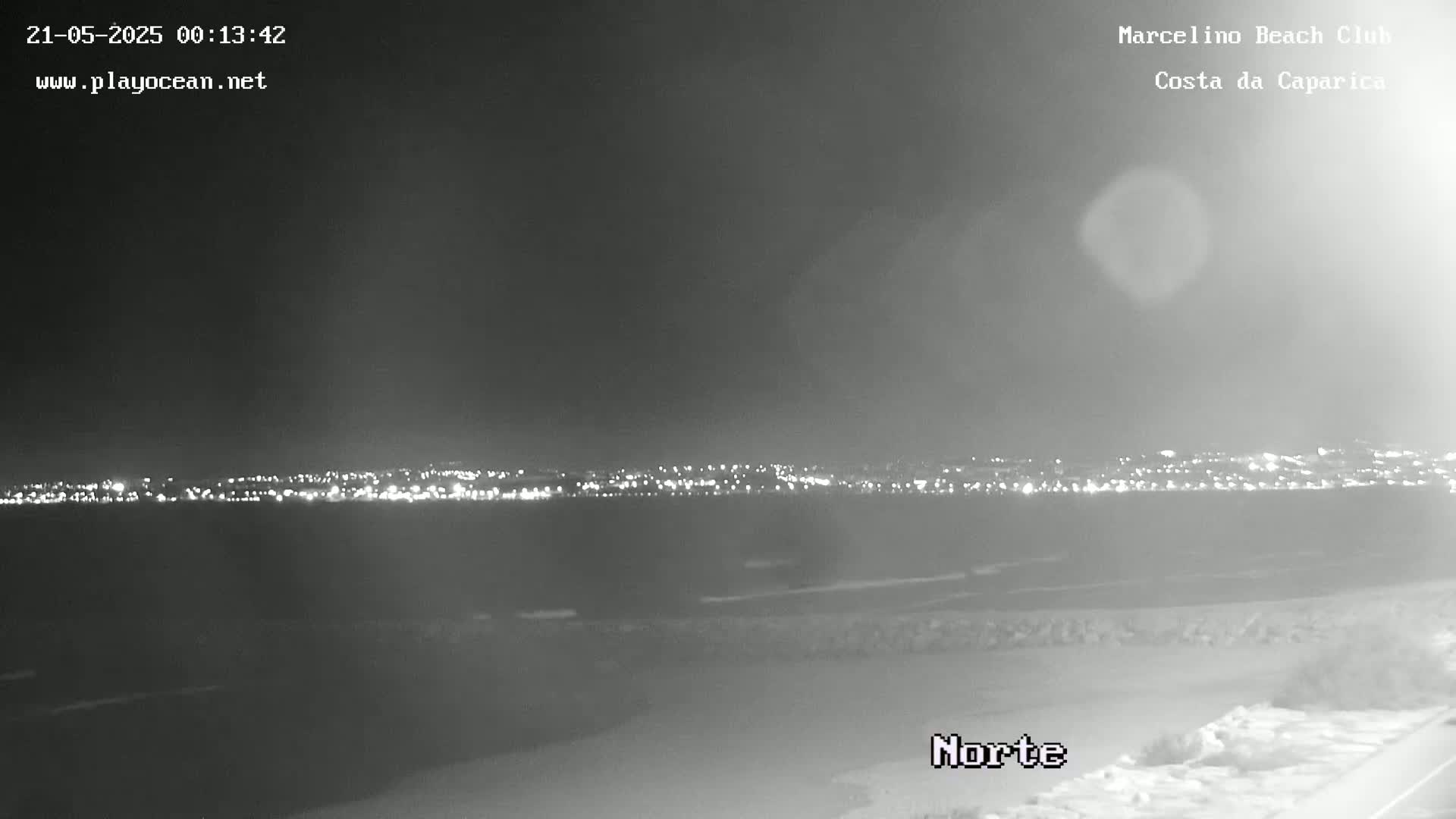 A nighttime, grayscale view of a beach with a distant city skyline illuminated, under a hazy sky.