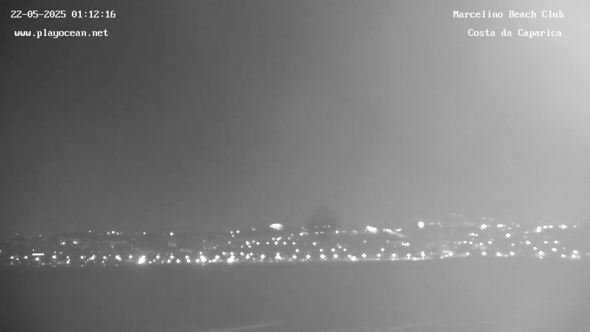 A hazy night scene shows a distant line of city lights.