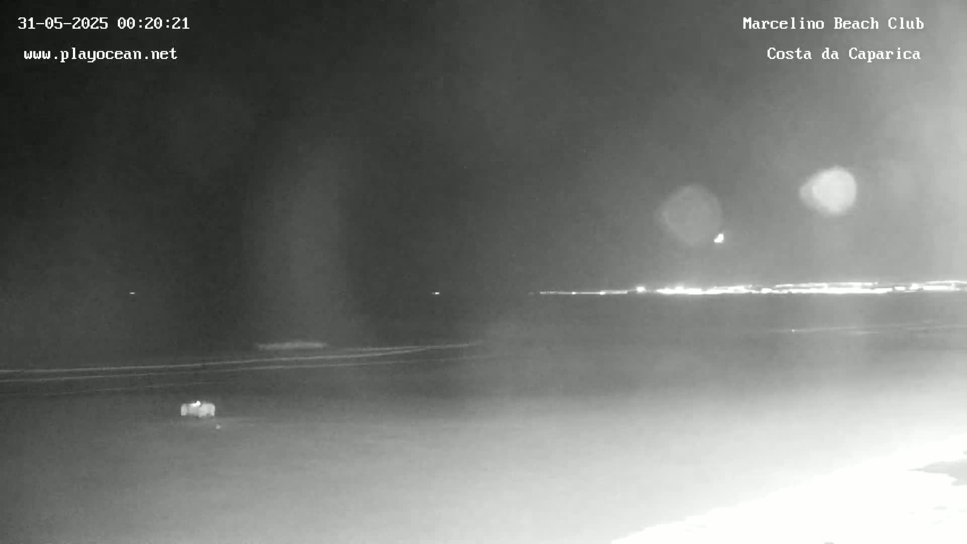 A nighttime, low-light image shows a dark beach and ocean with a distant line of lights on the horizon.
