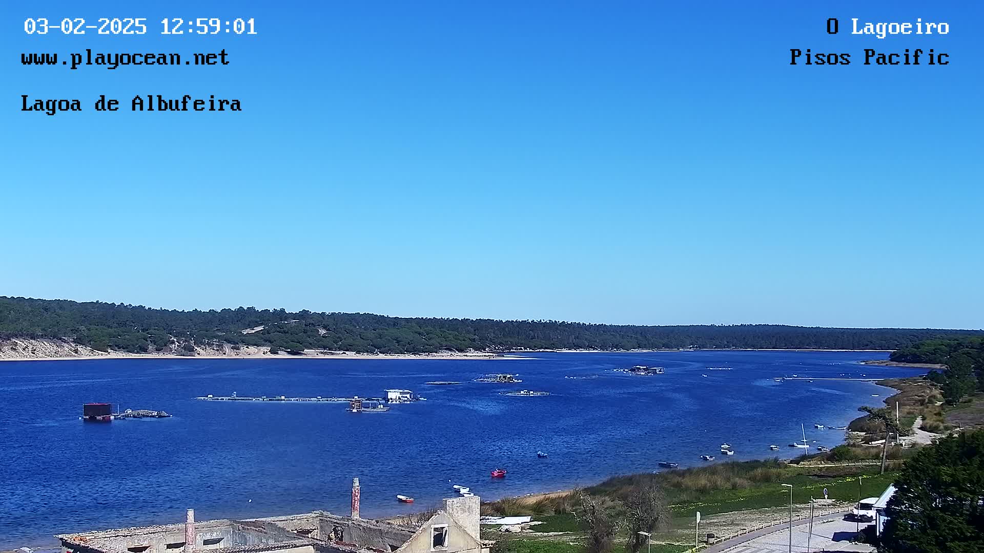 A calm, blue lagoon is surrounded by a shoreline of sandy beach and green trees under a clear, bright blue sky.