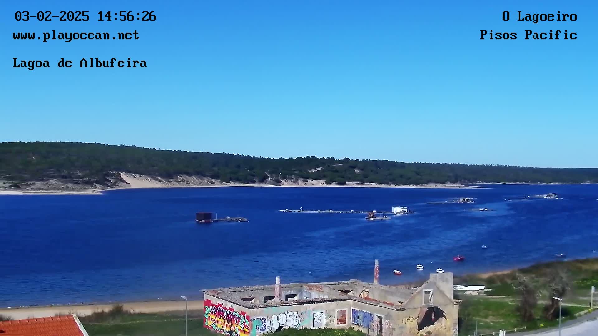 A blue body of water stretches to a forested shoreline under a clear blue sky, with a graffiti-covered ruin in the foreground.