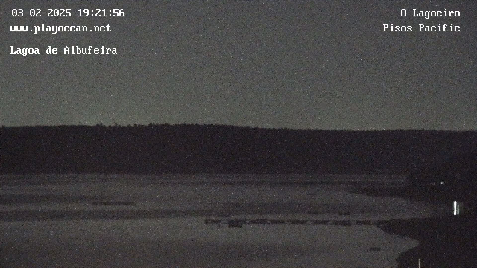A dark, nighttime image shows a body of still water under a gray sky, with a dark line of trees or land visible in the distance.
