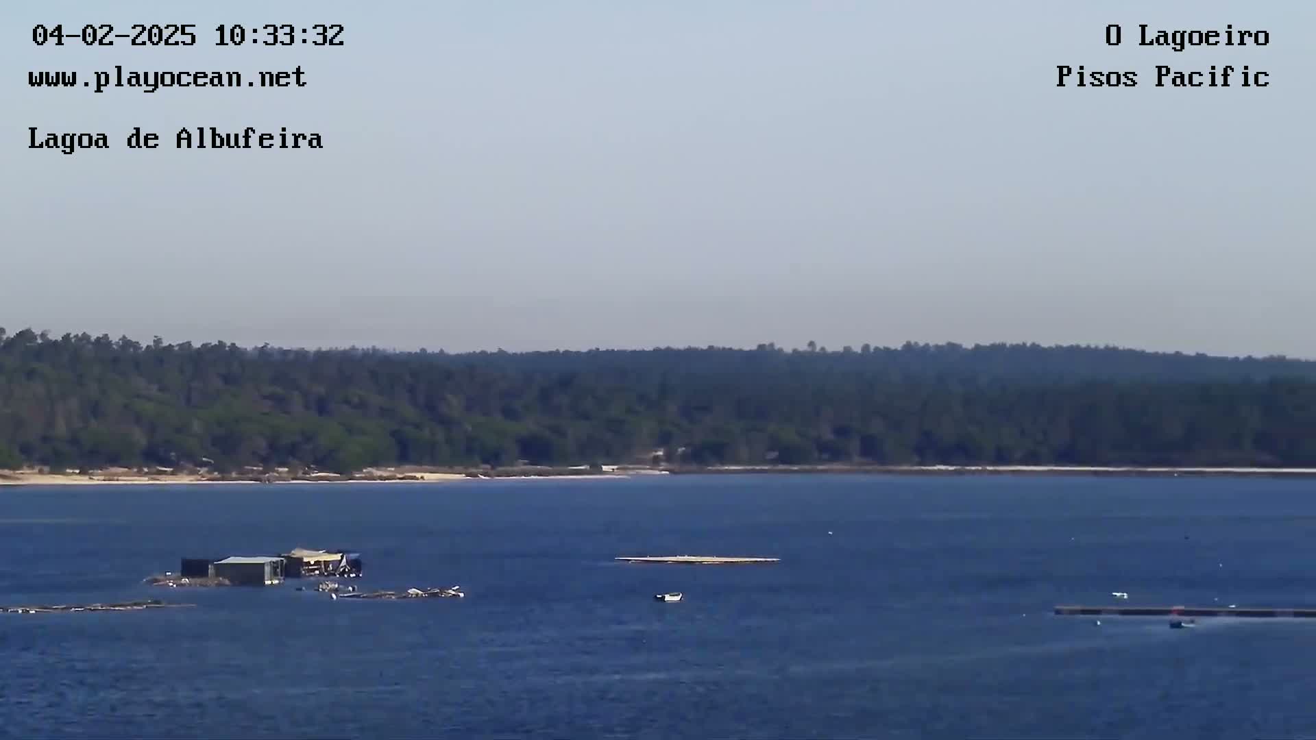 A calm body of water shows a line of dark green trees in the distance under a clear, light-blue sky, with a few small structures and boats on the water.
